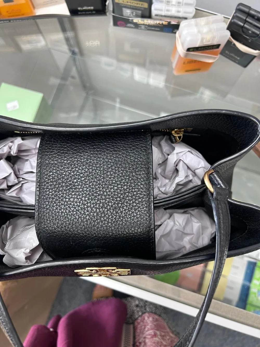 Tory Burch Black Pebbled Leather Satchel with Gold Logo